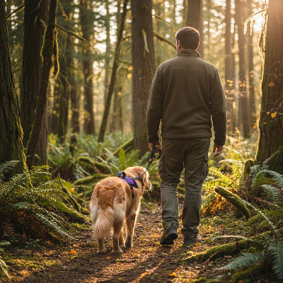 Harnais pour chien mauve marche dans la foret avec maitre