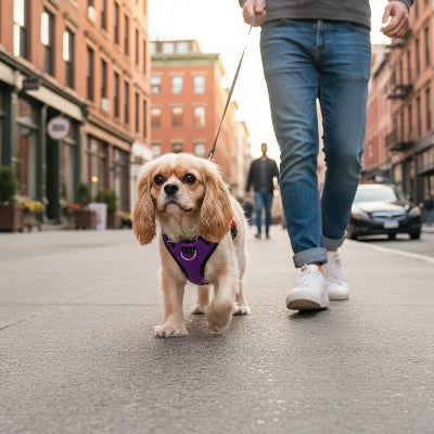 Harnais pour chien mauve marche en ville avec son maitre