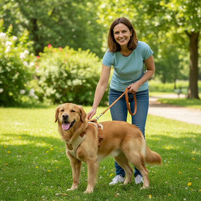 Harnais pour petit chien Beige parc avec son maitre