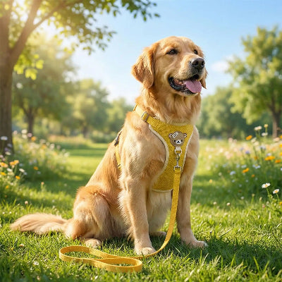 Harnais pour petit chien jaune assis dans la nature