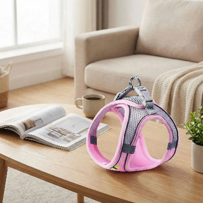 Harnais pour petit chien rose une table salon