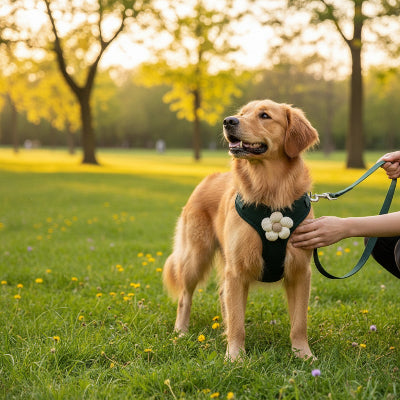 Harnais pour petit chien vert fonce moyen avec son maitre