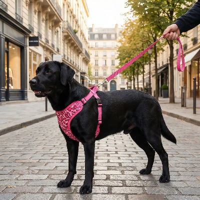 Harnais rose rouge au centre ville avec maitre
