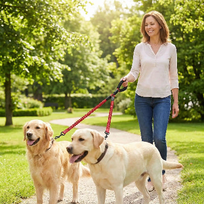 Laisse chien solide sécurisant rouge deux chiens balades avec maitre au parc
