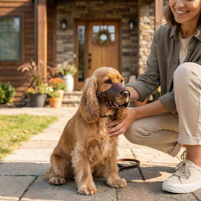 Muselière chien cuir avec son maître devant rentree de la maison