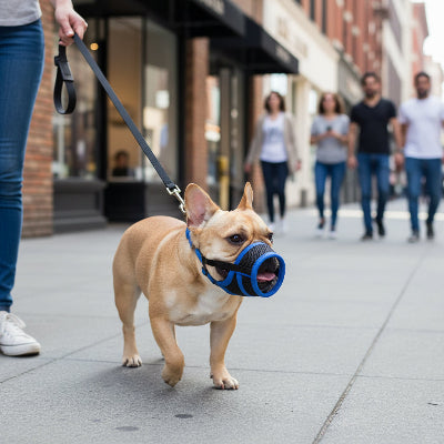 Museliere bouledogue francais bleu centre ville maitre marche