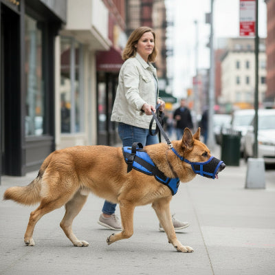 Museliere bouledogue francais bleu marche avec son maitre centre ville