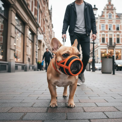 Museliere bouledogue francais orange avec son maitre mache centre ville