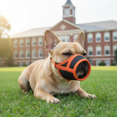 muselière bouledogue francais respirante durable orange chien couche devant une eglise