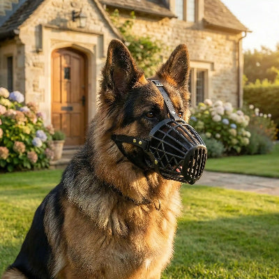 Museliere cage chien assis sur le gazon maison enarriere plan