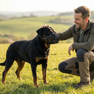Museliere cage chien noir maitre met sa main sur la tete du chien