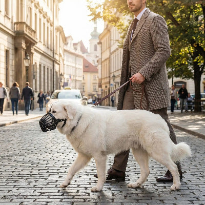 Museliere cage noire chien traverse la rue avec son maitre