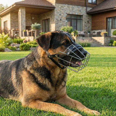 Muselière pour chiot ajustable en cuir chien couche sur la pelouse devant la maison