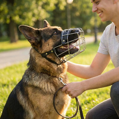 Museliere pour chiot ajustable en cuir chien sur un parc avec maitre qui lui sourit