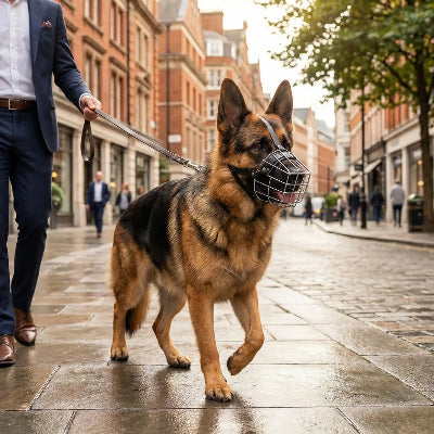 Muselière pour chiot ajustable en cuir chien au centre ville avec son maitre