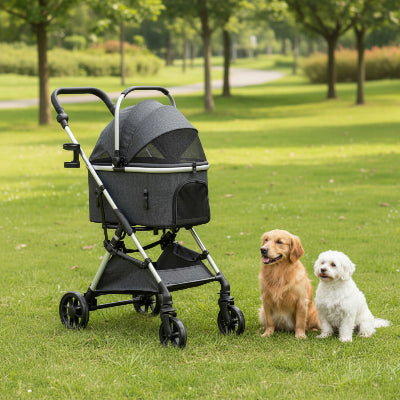 Poussettes pour chiens gris foncé sur un parc