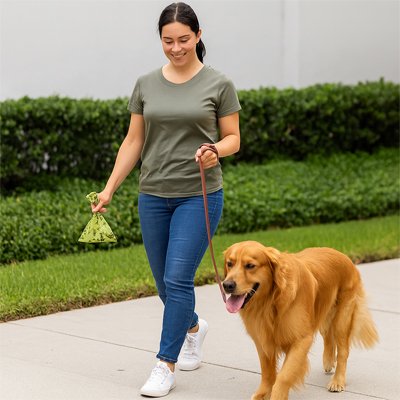 Sac a crotte​ Biodegradables eco Canin dans la main maitre chien dans lautre main se promene
