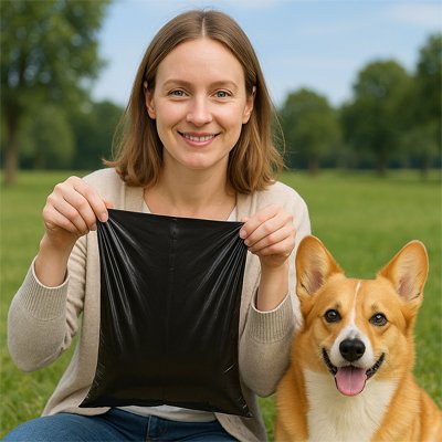 Sac a crotte​ eco Canin Resistant noir chien a cote de son maitre sac main de son maitre


