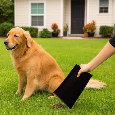 Sac a crotte​ eco Canin Resistant noir devant une maison maitre ramasse caca chien
