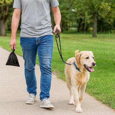 Sac a crotte​ eco Canin Resistant noir maitre se promene avec son chien
