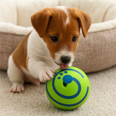 Balle pour Chien assis devant son lit patte sur balle