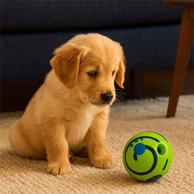 Balle pour Chien devant chien assis qui regarde