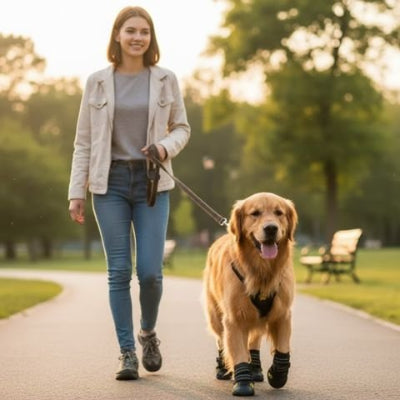 Chaussure pour Chien marche avec son maitre au parc