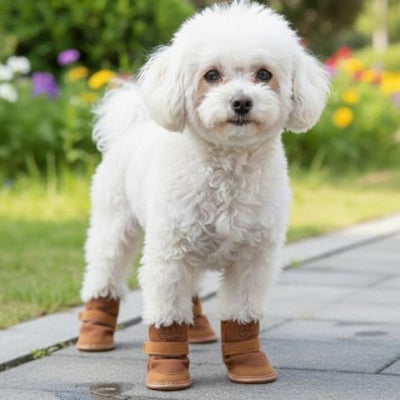 Chaussure pour Chien marron camel debout dans la rue des plantes