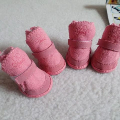 Chaussure pour Chien rose sur un tapis blanc 