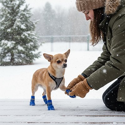Chaussures pour Chien bleu sous la neige avec son maitre