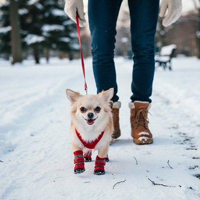 Chaussures pour Chien rouge promene dans la neige maitre
