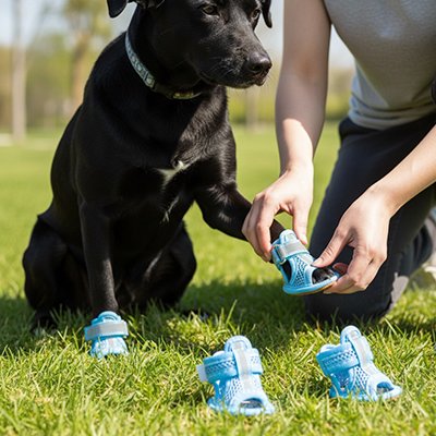 Chaussures pour chiens bleu avec maitre pattes dans la mains 