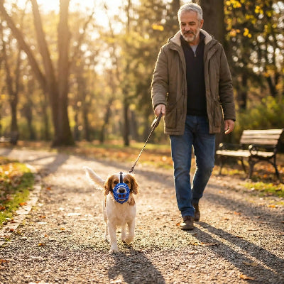 chien museliere bleu petit se promene au parc avec maitre