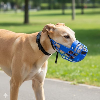 Chien Muselière bleu prends une marche  securitaire et calme