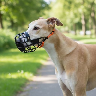 Chien Muselière noir se promene avec assurance 