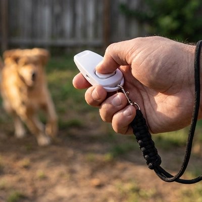 Clicker chien blanc main maître 