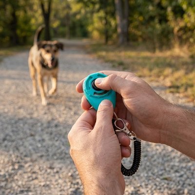 Clicker chien bleu clair chien en marche