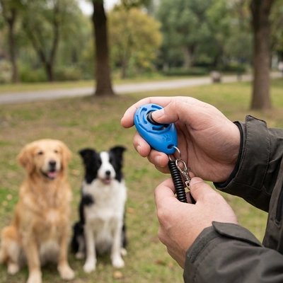Clicker chien bleu deux chiens assis
