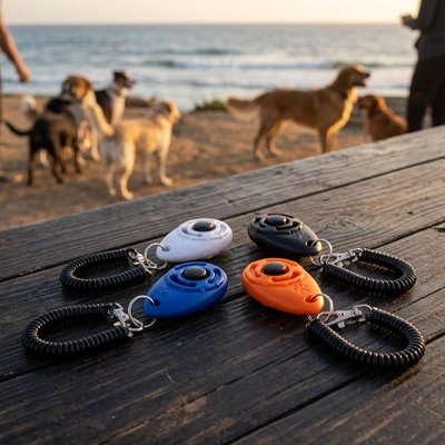 Clicker chien bleu orange noir blanc