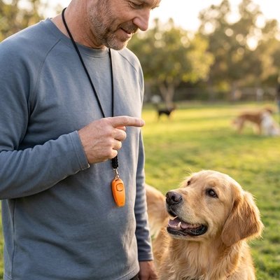 Clicker chien orange au cou de son maître 