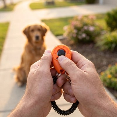 Clicker chien orange maître au contrôle chien assis