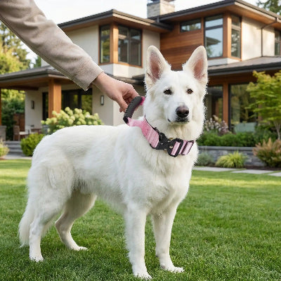 coliier pour chien militaire tactique force et doux maitre devant la maison