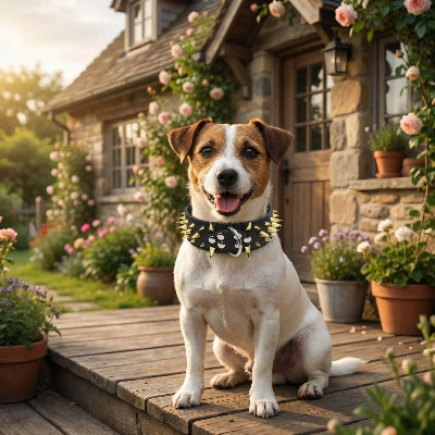 collier a pointe cuir protecteur noir devant une maison