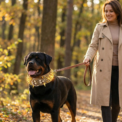 collier a pointe cuir protecteur or maitre balade avec son chien