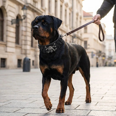 collier a pointe cuir renforce balade sur une rue