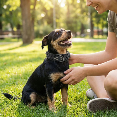 collier a pointe cuir robuste noir chien au parc maitre