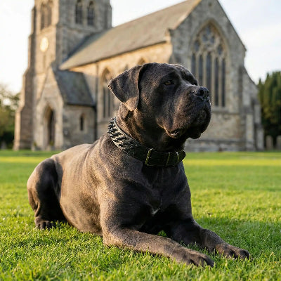 collier a pointe cuir robuste noir devant eglise