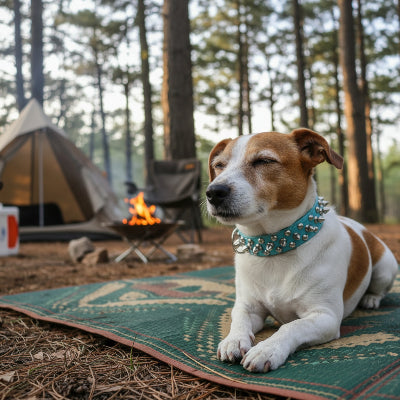 collier a pointe punk bleu couche sur un tapis en camping