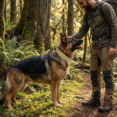 collier a pointe punk jaune dans la foret devant son maitre