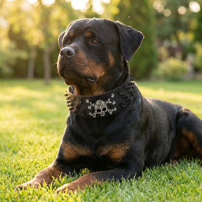 collier a pointe rockpower couche sur la pelouse